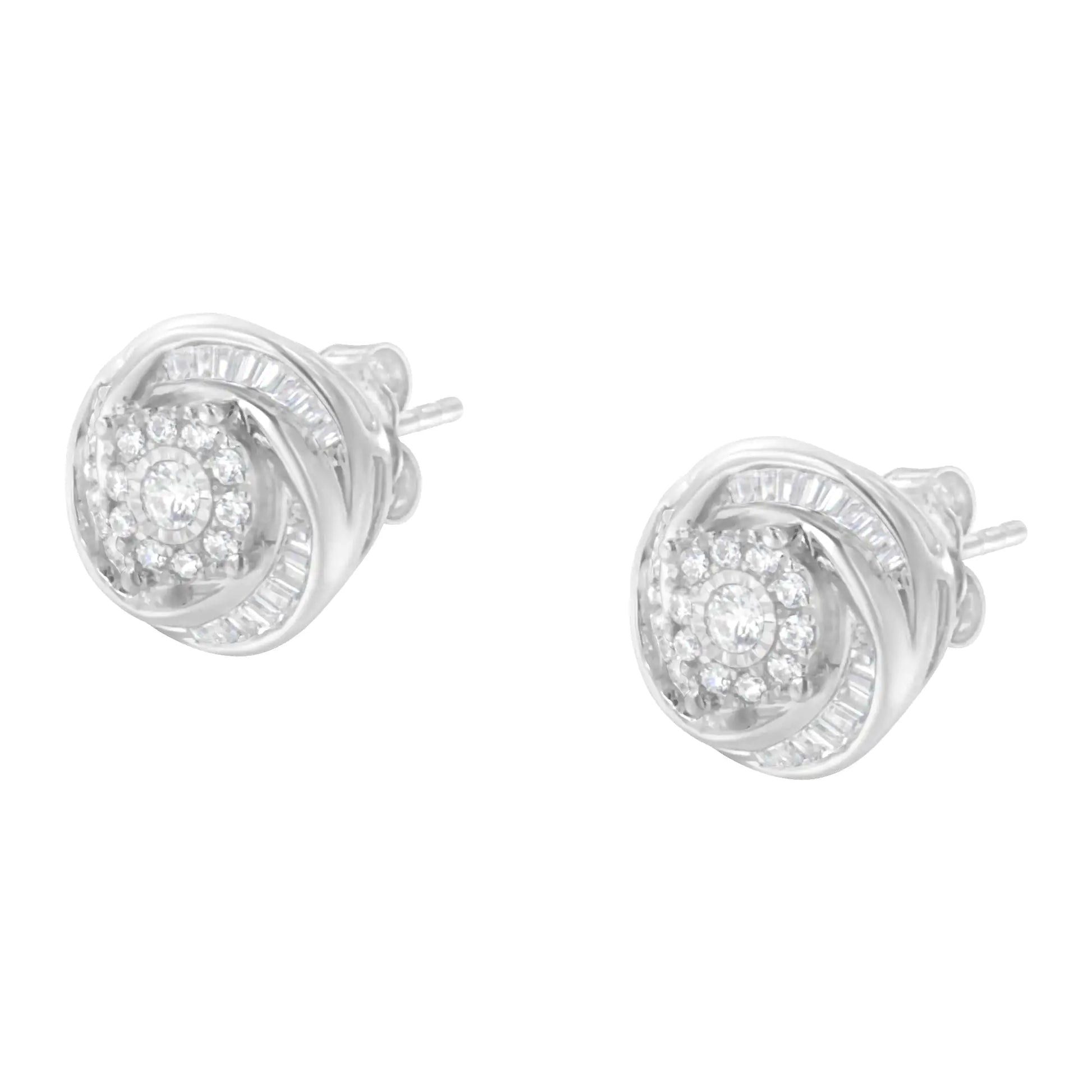 .925 Sterling Silver 3/4 Cttw Round and Baguette-Cut Diamond Love Knot Stud Earring (I-J Color, I2-I3 Clarity) - Elegant Emulations