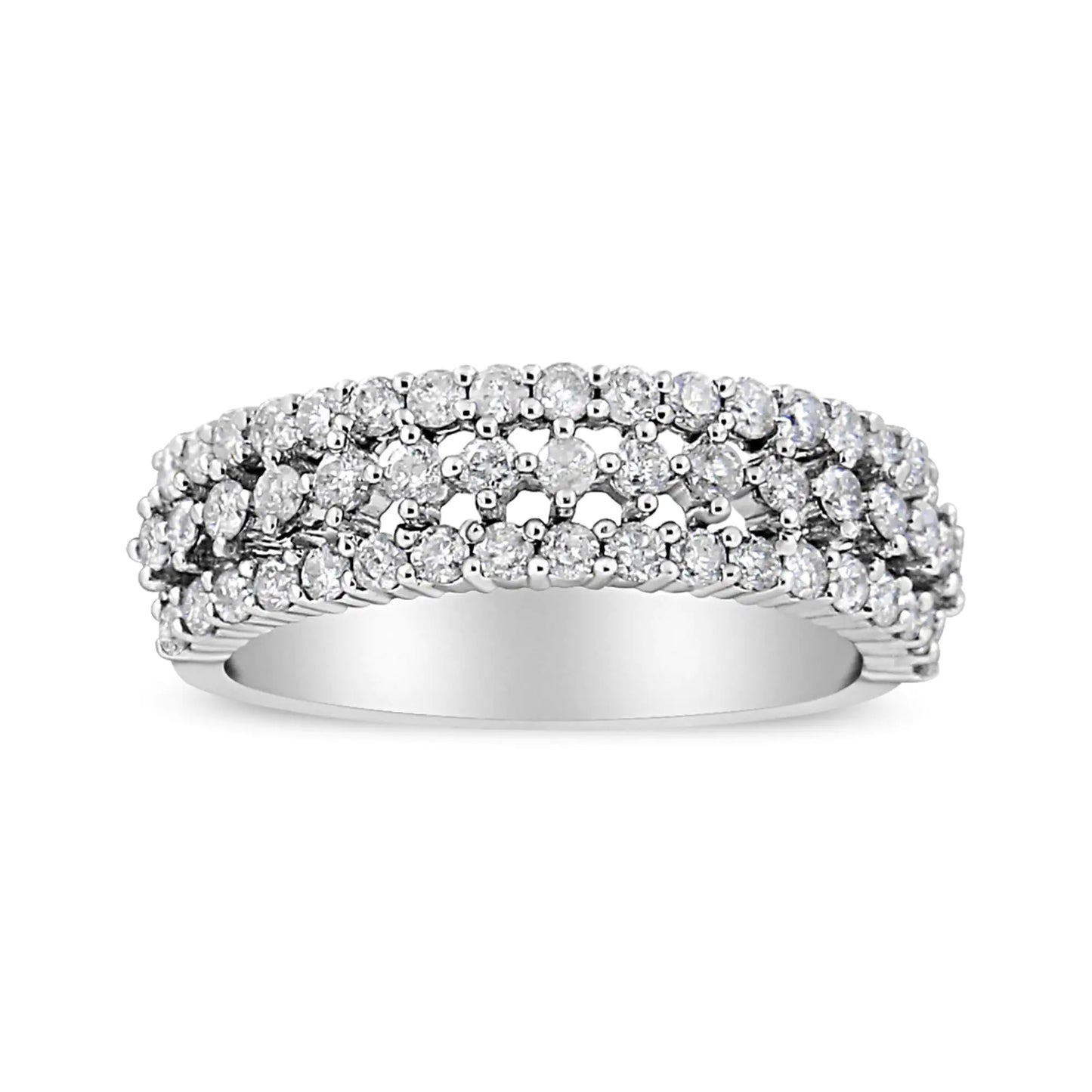 14K White Gold 1.0 Cttw Prong Set Round Diamond Split Shank Three Row Band Ring (H-I Color, I2-I3 Clarity) - Elegant Emulations