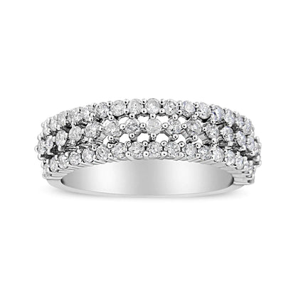 14K White Gold 1.0 Cttw Prong Set Round Diamond Split Shank Three Row Band Ring (H-I Color, I2-I3 Clarity) - Elegant Emulations