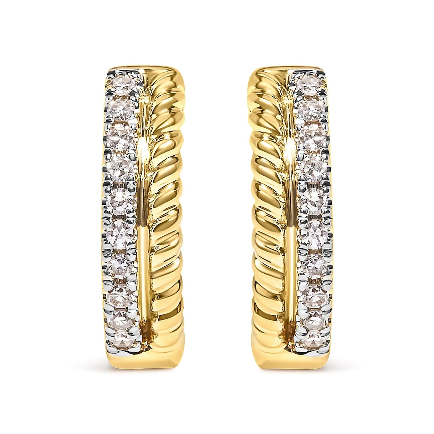 10K Yellow Gold 1/10 Cttw Diamond and Rope Twist Huggy Hoop Earrings (H-I Color, I1-I2 Clarity) - Elegant Emulations