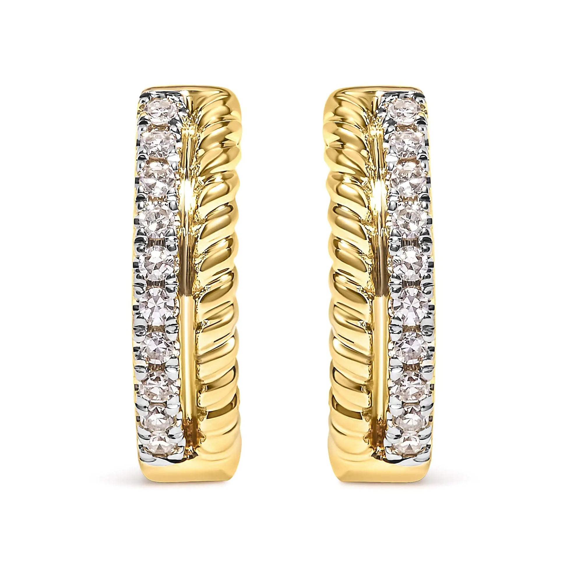 10K Yellow Gold 1/10 Cttw Diamond and Rope Twist Huggy Hoop Earrings (H-I Color, I1-I2 Clarity) - Elegant Emulations