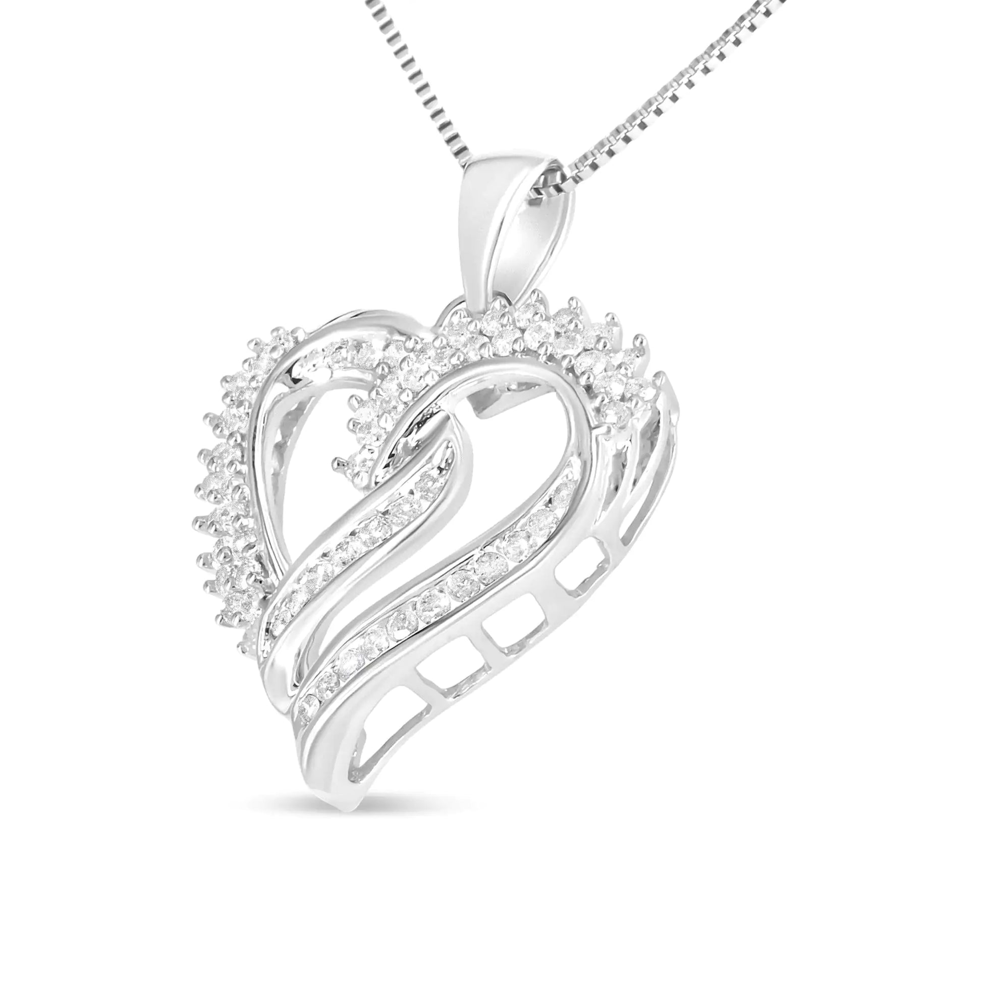 .925 Sterling Silver 1/2 Cttw Diamond Double Row Openwork Heart Pendant 18" Necklace (I-J Color, I3 Clarity) - Elegant Emulations
