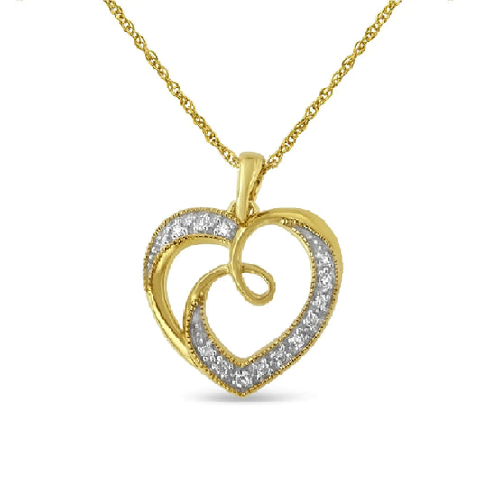 14K Yellow Gold Plated .925 Sterling Silver Diamond Accent Ribbon & Heart 18" Pendant Necklace (H-I Color, I2-I3 Clarity) - Elegant Emulations