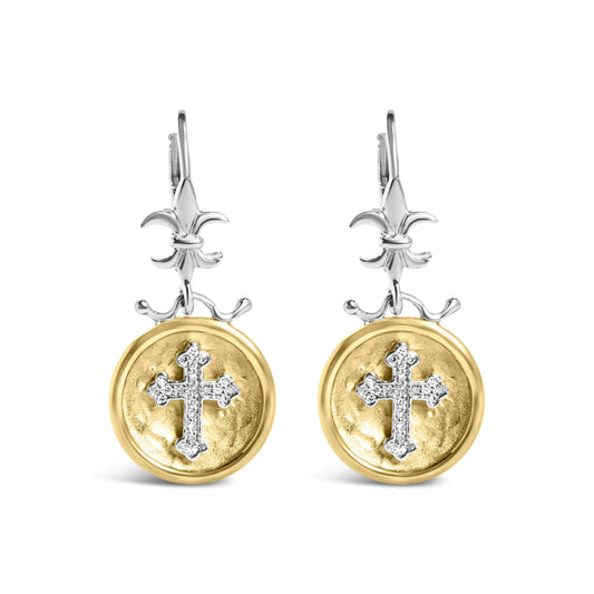 18K Gold Plated Silver Diamond Cross Medallion Earrings