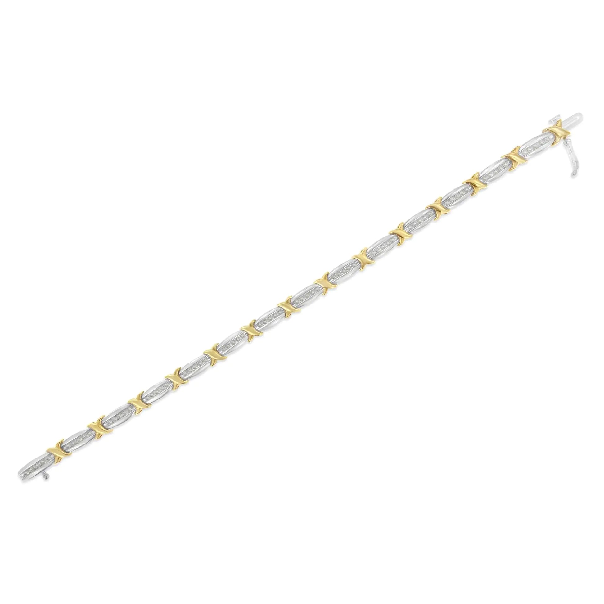Two-Tone 10K Yellow Gold over .925 Sterling Silver 1.0 Cttw Diamond Channel Set Tapered & X-Link 7" Tennis Bracelet (H-I Color, I2-I3 Clarity) - Elegant Emulations