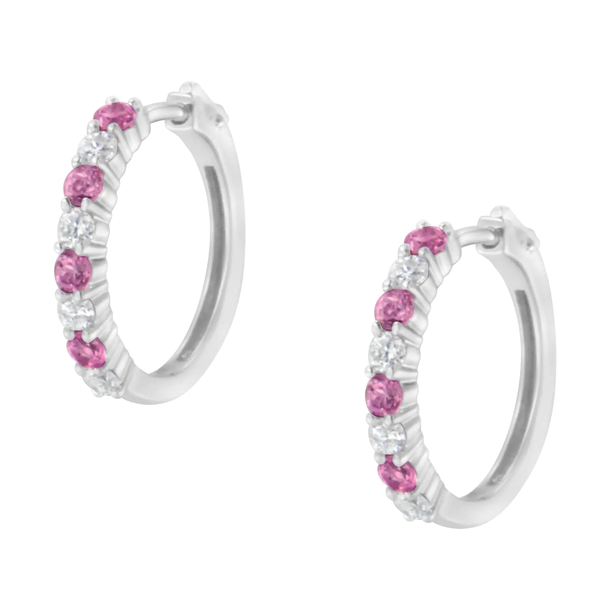 10K White Gold 2.5MM Sapphire Gemstone and 1/2 Cttw Diamond Hoop Earrings (H-I Color, I1-I2 Clarity) - Elegant Emulations
