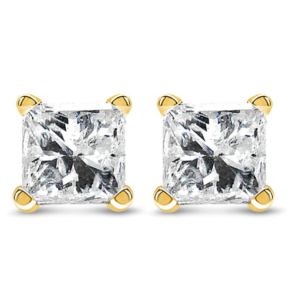 AGS Certified Princess-Cut Square Diamond 4-Prong Solitaire Stud Earrings in 14K Gold (N-O Color, SI2-I1 Clarity) - Elegant Emulations