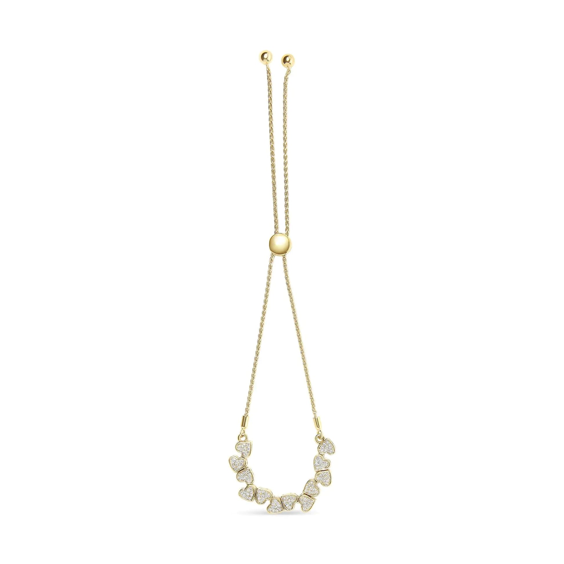 Yellow Gold Plated .925 Sterling Silver 1/2 Cttw Diamond Sideways Hearts Bolo Bracelet (H - I Color, I1 - I2 Clarity) - 4” - 10” Adjustable | | Elegant Emulations Jewelry USA