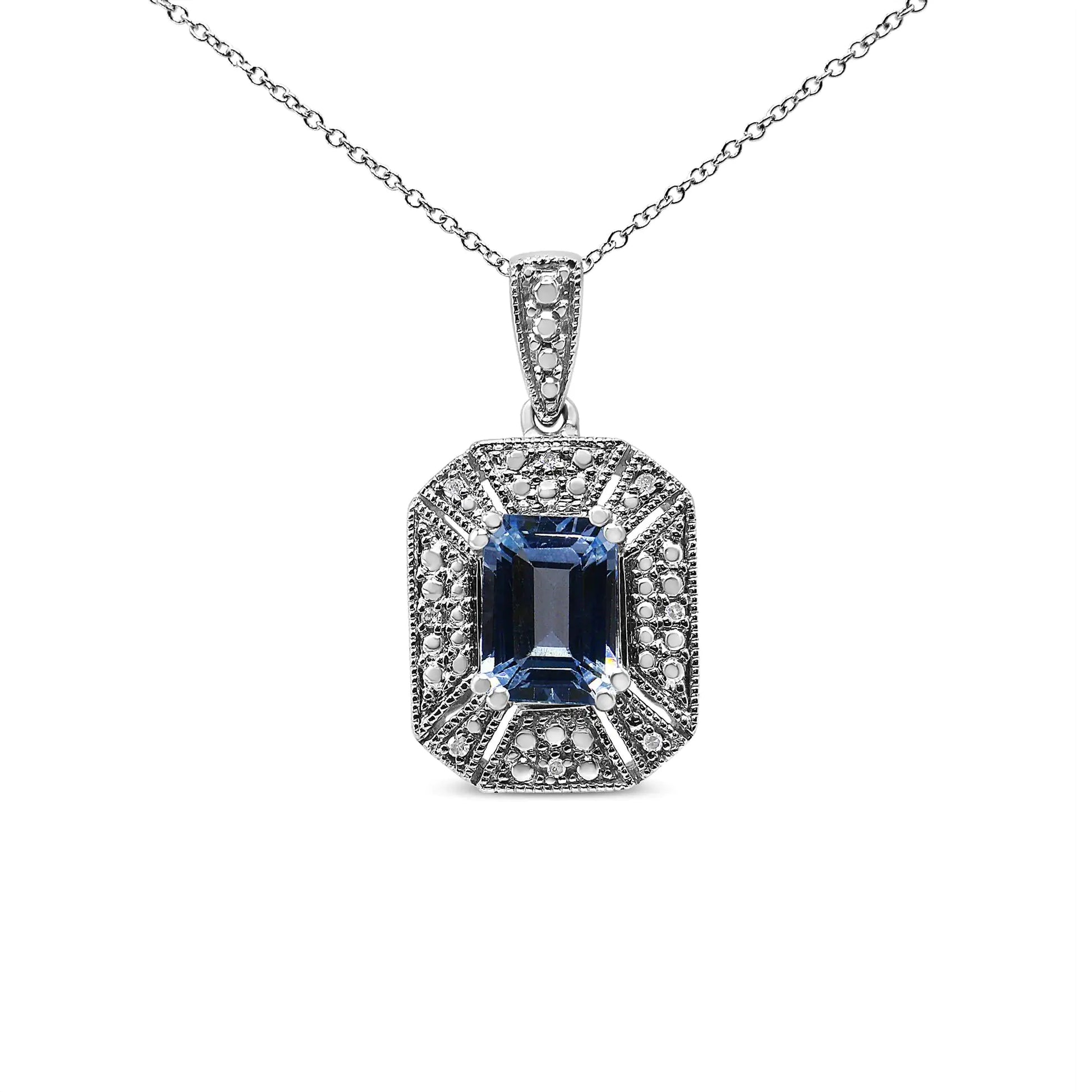 .925 Sterling Silver Blue Topaz and Diamond Accent Art Deco Style 18" Pendant Necklace (I-J Color, I1-I2 Clarity) - Elegant Emulations