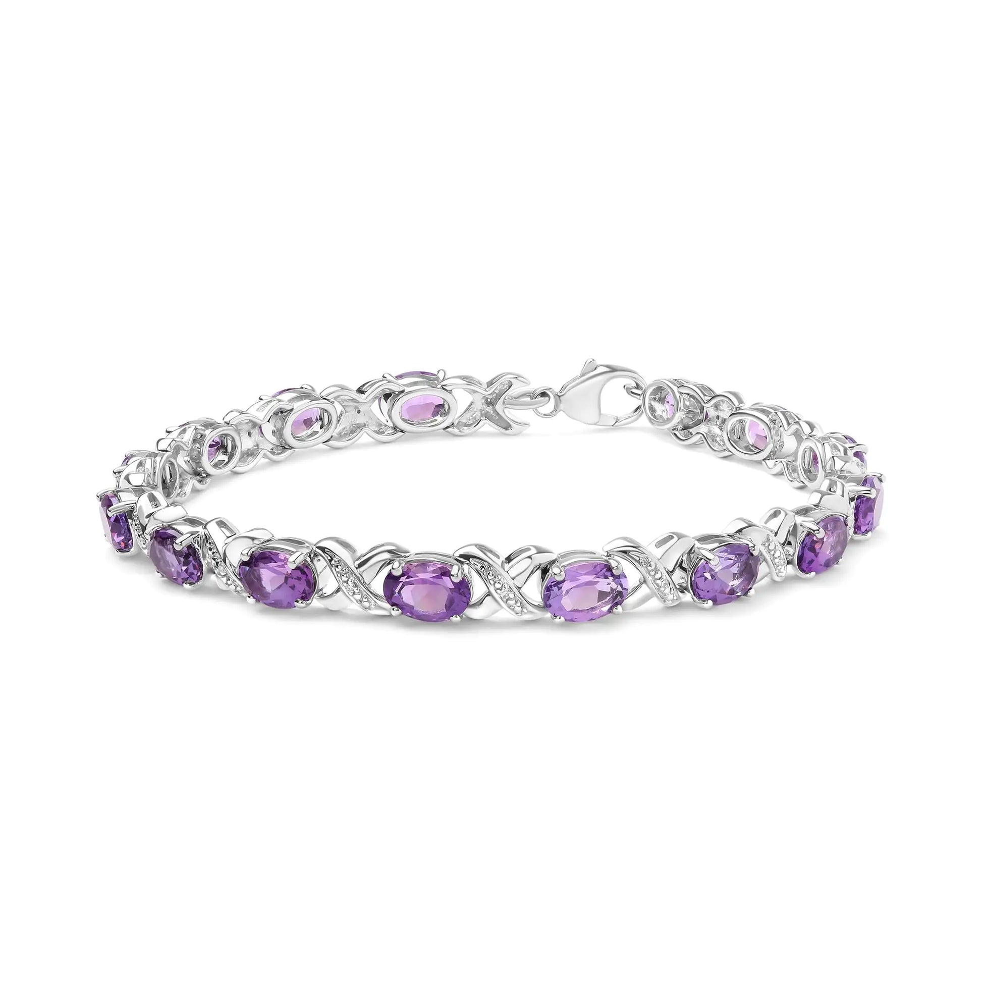 .925 Sterling Silver 7x5mm Oval Amethyst and Diamond Accent X-Link Bracelet (H-I Color, SI1-SI2 Clarity) - Size 7" - Elegant Emulations