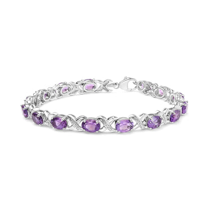 .925 Sterling Silver 7x5mm Oval Amethyst and Diamond Accent X-Link Bracelet (H-I Color, SI1-SI2 Clarity) - Size 7" - Elegant Emulations