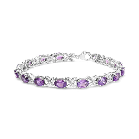 .925 Sterling Silver 7x5mm Oval Amethyst and Diamond Accent X-Link Bracelet (H-I Color, SI1-SI2 Clarity) - Size 7" - Elegant Emulations