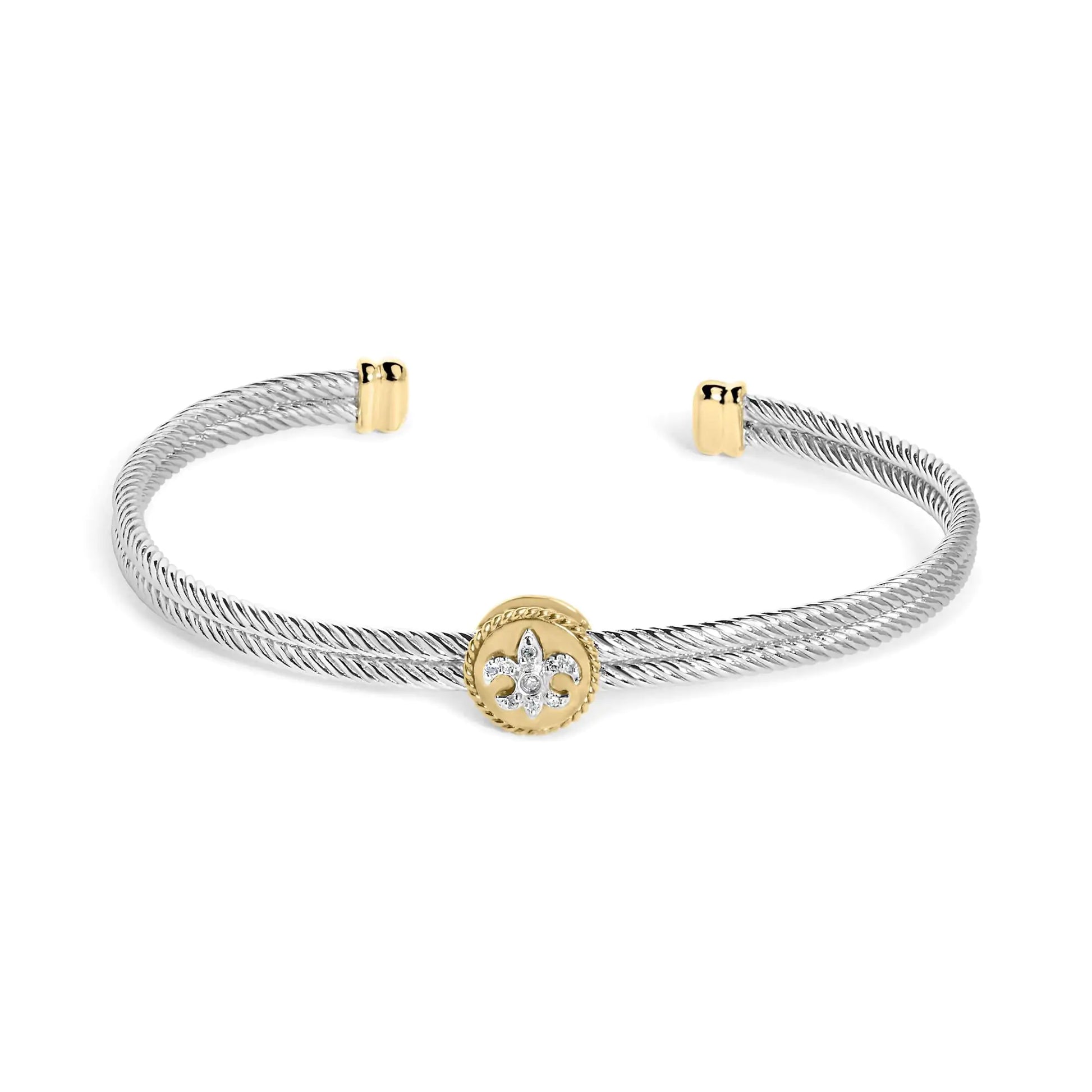 18K Yellow Gold Plated .925 Sterling Silver Diamond Accent and Fleur Di Lis Medallion Bangle Bracelet (I-J Color, SI1-SI2 Clarity) - 7.25 Inches - Elegant Emulations
