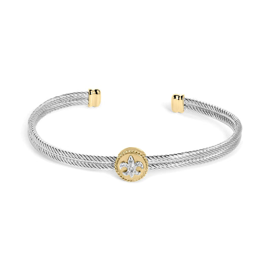 18K Yellow Gold Plated .925 Sterling Silver Diamond Accent and Fleur Di Lis Medallion Bangle Bracelet (I-J Color, SI1-SI2 Clarity) - 7.25 Inches - Elegant Emulations