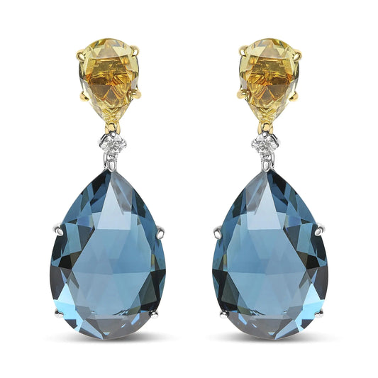 18K White and Yellow Gold 1/5 Cttw Diamond with Pear Cut Lemon Quartz and Pear Cut London Blue Topaz Gemstone Dangle Earring (G-H Color, SI1-SI2 Clarity) - Elegant Emulations