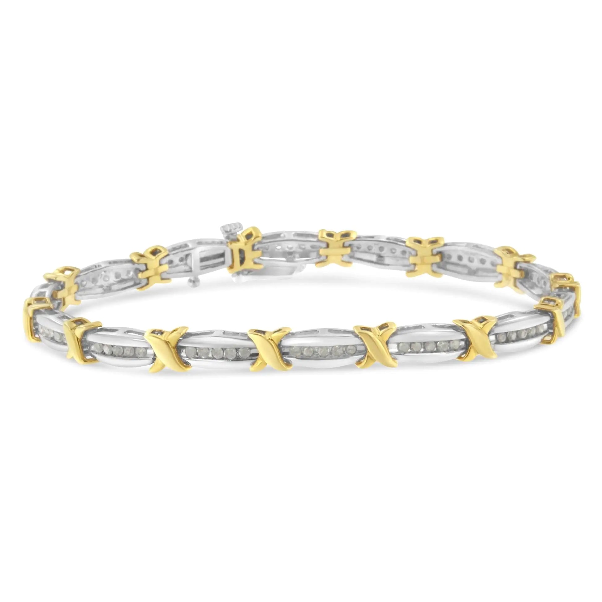 Two-Tone 10K Yellow Gold over .925 Sterling Silver 1.0 Cttw Diamond Channel Set Tapered & X-Link 7" Tennis Bracelet (H-I Color, I2-I3 Clarity) - Elegant Emulations