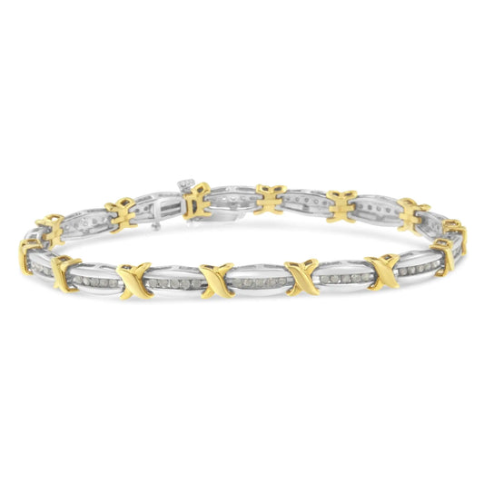 Two-Tone 10K Yellow Gold over .925 Sterling Silver 1.0 Cttw Diamond Channel Set Tapered & X-Link 7" Tennis Bracelet (H-I Color, I2-I3 Clarity) - Elegant Emulations